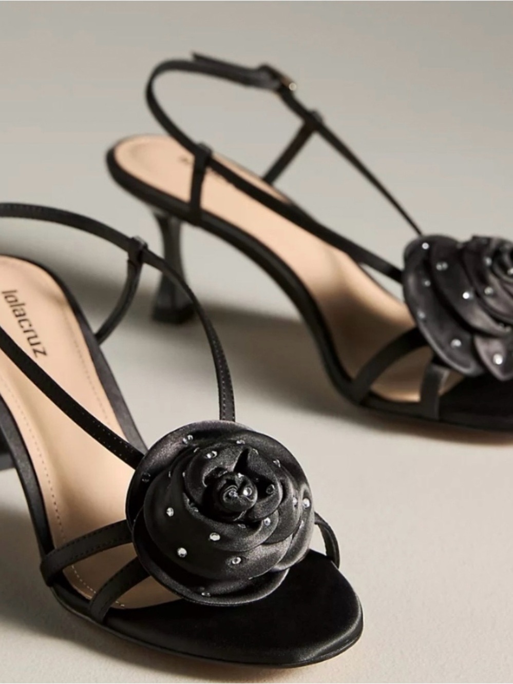 Lola Cruz Black 3d Gem Floral Slingback Heels with Embellished Rosette